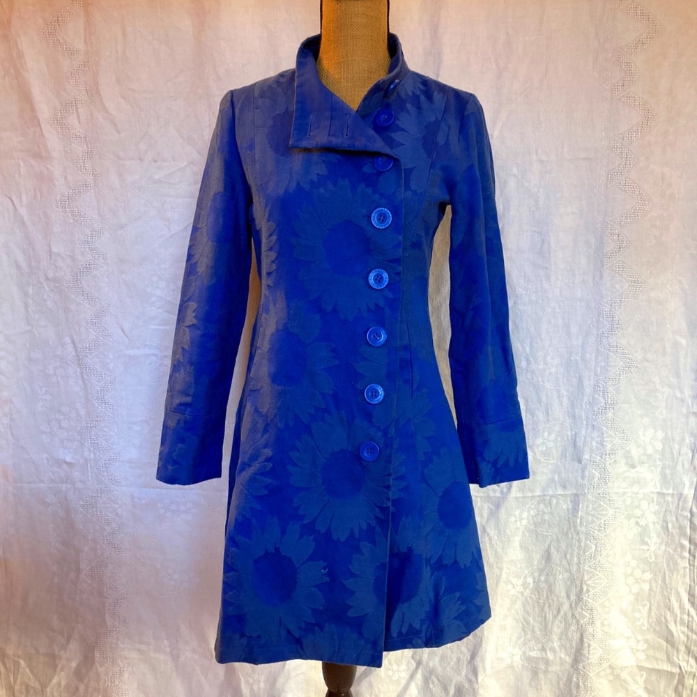 Desigual blue coat with sunflower weave, women's size 38, USA small